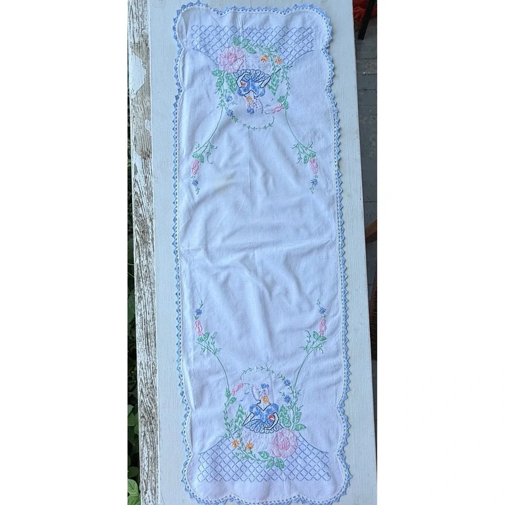 Vintage Embroidered Table Runner White Linen Blue Crochet Trim Crinoline Lady